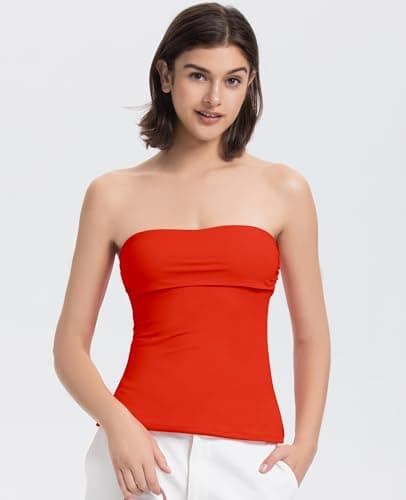Women Tube Tops Going Out Trendy Tops Double Line Sexy Strapless Side Split Summer Basic Casual Tank Tops Formal Elegant Oufits (Red,L) - Thumbnail 2