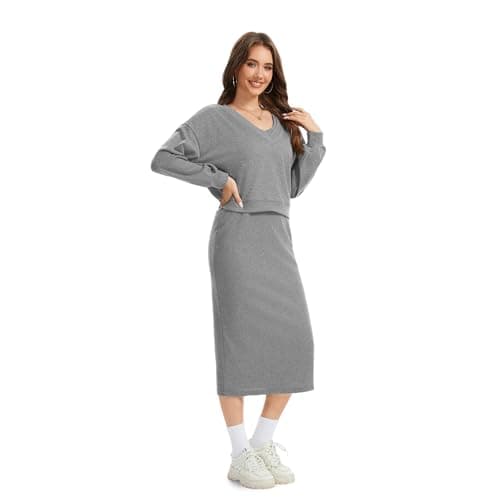 Anyshe Women's 2 Piece Matching Knit Sweater Set, Long Sleeve V-Neck Top with Maxi Skirt, Effortless Style for Vacation - Thumbnail 4