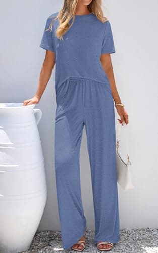 PRETTYGARDEN Womens 2 Piece Outfits Fall Short Sleeve Crew Neck Comfy Sets for Women Clothing Elastic Waist Palazzo Pants (Grey Blue, X-Large) - Thumbnail 2