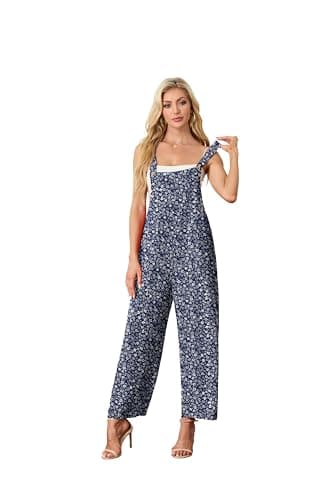 HiMONE Women's Summer Boho Casual Jumpsuits Wide Leg Overalls Floral Print Baggy Rompers with Pockets (Blue Small Flower-2XL) - Thumbnail 5