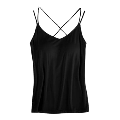 Spaghetti Strap Tank Top with Built in Bra for Women, V-Neck Camis Tops Built Bra Women's Undershirts Padded Camisole Tanks (US, Alpha, X-Large, Regular, Regular, Black) - Image 1