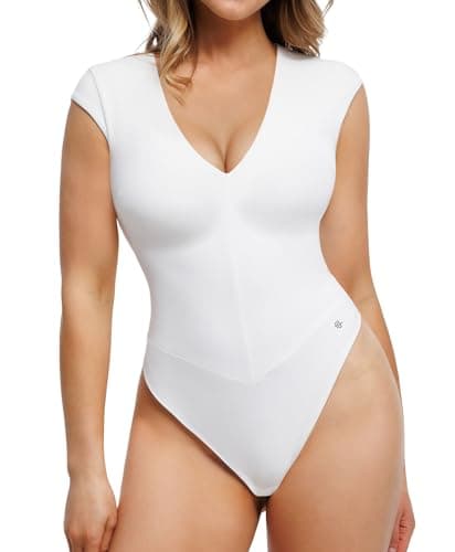 Popilush Shapewear Bodysuits for Women Deep V Neck Cap Sleeve Thong Body Suit Tummy Control Plus Size Going Out Tops White - Image 1