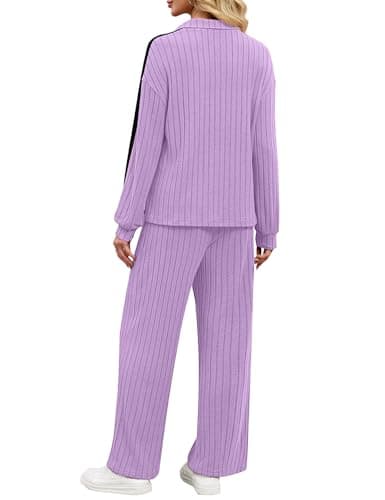 JUSTFASHIONNOW Womens Sweatsuits 2 Piece Set Two Piece Travel Outfits Half Zip Sweatsuits Long Sleeve Sweatshirt Wide Leg Pants Soft Lounge Sets Winter Tracksuit (Purple, Large) - Thumbnail 6