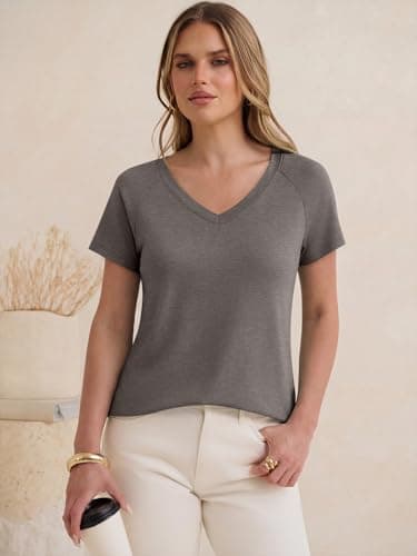 ANRABESS Womens Tops Short Sleeve V Neck Shirts Summer Basic Tee Trendy Cute Tshirts 2026 Spring Casual Outfits Gray Taupe X-Large - Thumbnail 3