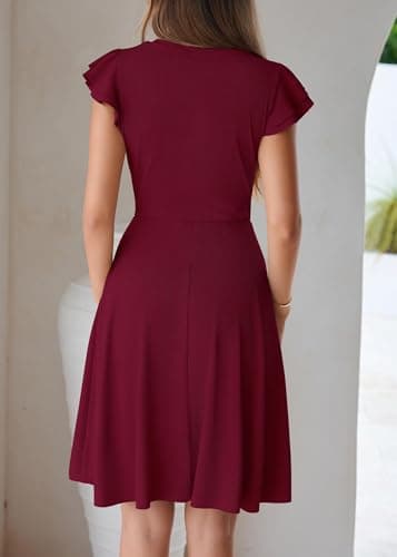 Lazysmile Summer Dresses for Women Ruffle Short Sleeve V Neck A Line Swing Ribbed Knit Casual Mini Short Dress Wine Red - Thumbnail 2