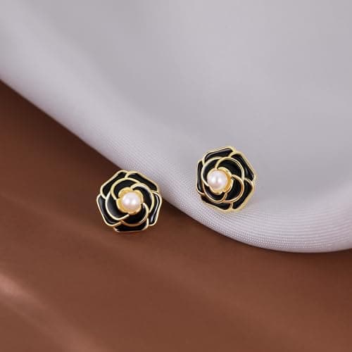 Reffeer Solid 925 Sterling Silver Flower Stud Earrings for Women Teen Girls Black Flower Stud Earrings Pearls (B-18K Gold) - Thumbnail 4