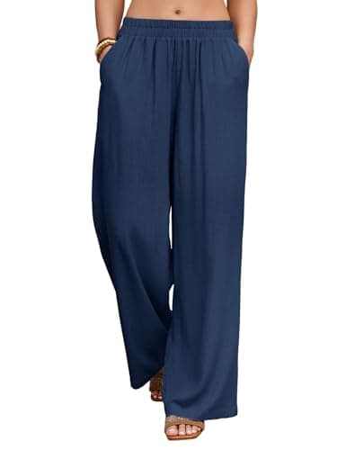 HEEKPEK Navy Blue Linen Pants for Women Wide Leg Summer Flowy Elastic Waist Palazzo Beach Vacation Clothes Travel Trousers with Pockets (Navy Blue,X-Large) - Image 1
