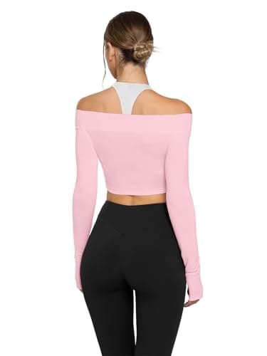 LASLULU Womens Long Sleeve Workout Tops Sexy Off the Shoulder Twist Front Bolero Shrugs Yoga Gym Ballet Wrap Tops Pilates Outfits (Light Pink, Small) - Thumbnail 4