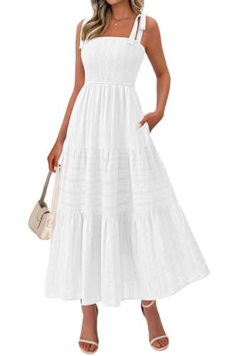 BTFBM Women's 2026 Spring Boho Spaghetti Strap Dress Casual Sleeveless Smocked A Line Beach Sundress Long Maxi Dresses(White, XX-Large) - Image 1