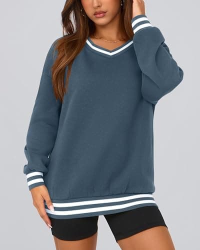 PRETTYGARDEN Women's Oversized Sweatshirts Casual Long Sleeve Stripes Knit V Neck Pullover Top Spring Preppy Clothes(Grey Blue,XX-Large) - Thumbnail 3