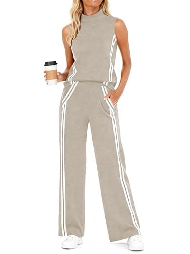 Casly Lamiit Two Piece Sets for Women Lounge Travel Outfits Casual Sweatsuit Matching Airport Clothes Sleeveless Tops Long Jogging Pants Dark Beige M - Image 1