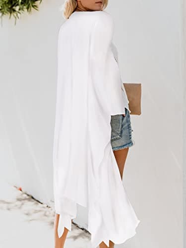 Women's Boho Long Kimono Cardigan Dusters Summer Lightweight Chiffon Sheer Beach Swimsuit Swimwear Bathing Suit Bikini Cover Ups Coverup Plus Size Resort Wear Solid Color White Large - Thumbnail 6
