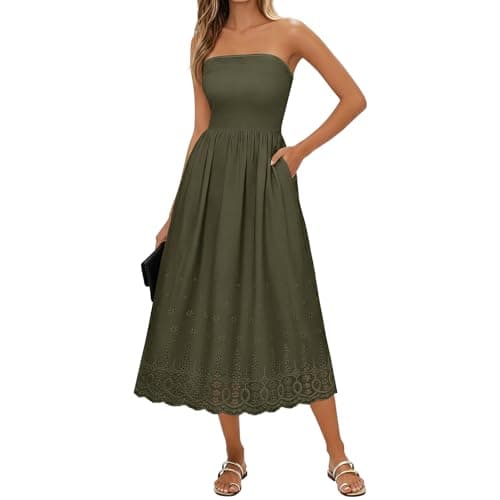 Lazysmile Summer Boho Maxi Dress for Women Strapless Tube Top Lace Trim A Line Beach Casual Long Dress Army Green - Image 1