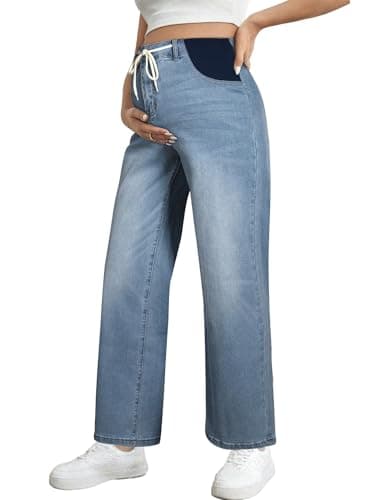 BLENCOT Women's Maternity Jeans High Waisted Stretchy Straight Leg Baggy Drawstring Denim Work Pants Mist Blue X-Large - Image 1