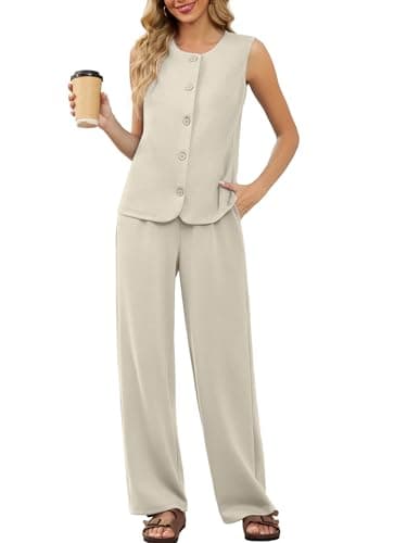 Casly Lamiit Lounge Sets for Women 2 Piece Summer Outfits Casual Sleeveless Vest Wide Leg Pants Set Beach Vacation Old Money Clothes Dark Beige S - Thumbnail 2