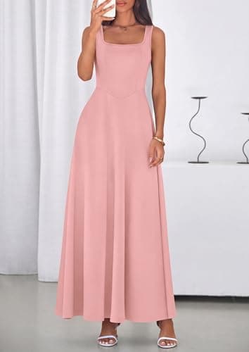 PRETTYGARDEN Womens Summer Dresses 2026 Sleeveless Elegant Square Neck Aline Swing Maxi Beach Wedding Guest Dress Pockets (Pink,Large) - Thumbnail 2