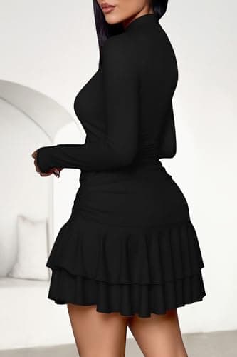 PRETTYGARDEN Women's Fall Long Sleeve Dresses 2026 Mock Neck Ruched Y2K Clothes Ruffle Layered Bodycon Mini Party Dress(Black,Large) - Thumbnail 5