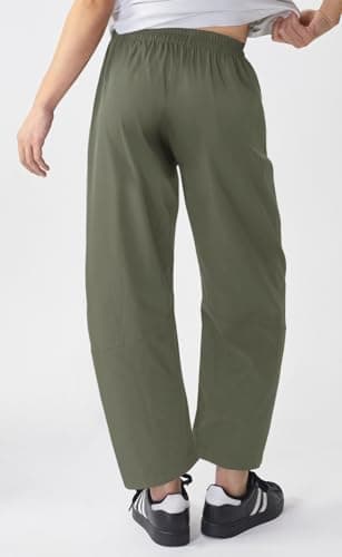 EGOCKAL Womens Elastic Waist Ankle Pants Baggy Curved Tapered Leg Barrel Travel Pants with Pockets Green - Thumbnail 3
