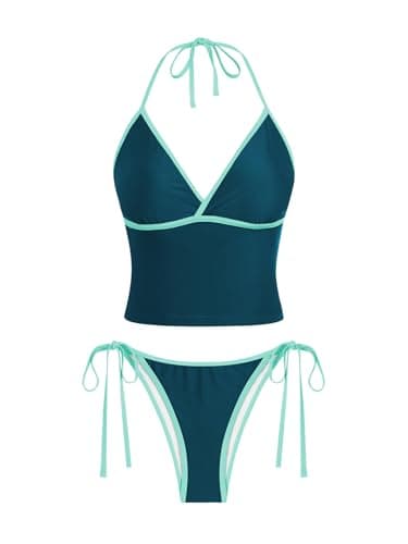 ZAFUL Tankini Swimsuits for Women Floral Printed Halter Swimsuits Tie Side Chic Tankini Set Bathing Suits Tummy Control High Cut Two Piece Bikini Sets Dark Green M - Thumbnail 4