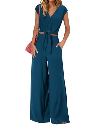 PRETTYGARDEN Women's Summer 2 Piece Outfits 2026 Cap Sleeve V Neck Belted Crop Tops Wide Leg Pant Sets Casual Tracksuit(Solid Teal,XX-Large) - Image 1