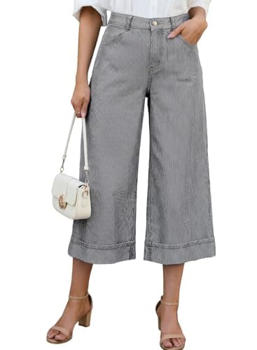 Dokotoo Wide Leg Jeans for Women Trendy Summer Casual High Waisted Fashion Striped Denim Pants Womens Baggy Stretchy Cropped Jean Pants with Pockets Black Size 14 - Image 1