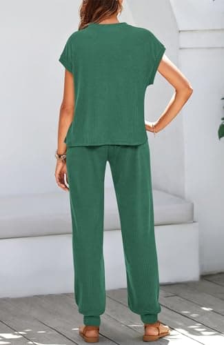 BTFBM Women's Summer 2 Piece Outfits 2024 Casual Tracksuit Short Sleeve T Shirts Long Pants Lounge Sets(Solid Dark Green,X-Large) - Thumbnail 5