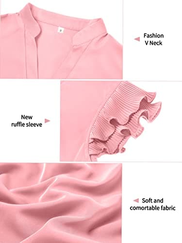 Sucolan Womens Cute Summer Tops Notch V Neck Cute Ruffle Sleeve Blouses Pink Shirts for Women Business Casual L - Thumbnail 5