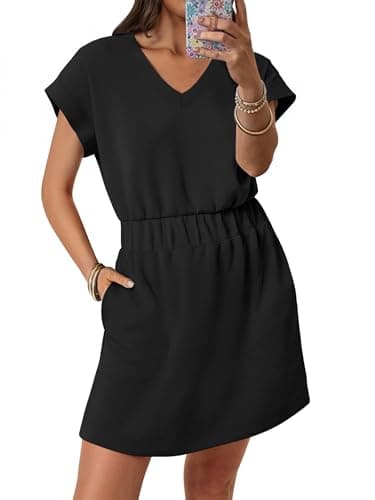 ANRABESS Womens Summer Dresses Casual V Neck Short Sleeve Elastic Waist Mini Tshirt Dress Beach Vacation Sundress with Pocket Black XX-Large - Image 1