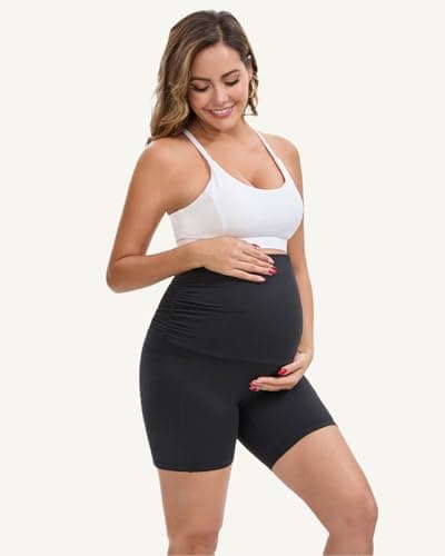 Fayefay Maternity Biker Shorts with Pockets - 6" Pregnancy Short Over The Belly for Women Yoga Workout Lounge Black X-Large - Thumbnail 6