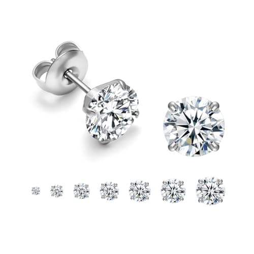 7 Pairs Stud Earrings Set, Hypoallergenic surgical steel Cubic Zirconia Earrings CZ Earrings 2-8mm (Moonlight Silver)