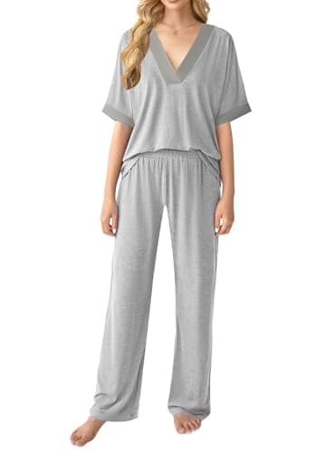 GKBK Womens Two Piece Outfits Pajama Sets 3/4 Dolman Sleeve V Neck Sleepwear Nightwear Loungewear Matching Pjs 2 Piece Lounge Set Lightweight Sweatsuit Fall Fashion Ooutfit Gray L - Thumbnail 2