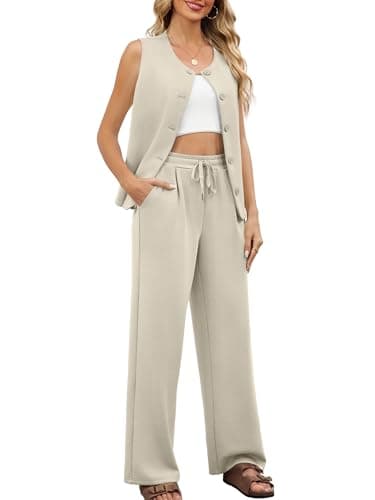 Casly Lamiit Lounge Sets for Women 2 Piece Summer Outfits Casual Sleeveless Vest Wide Leg Pants Set Beach Vacation Old Money Clothes Dark Beige XL - Thumbnail 3