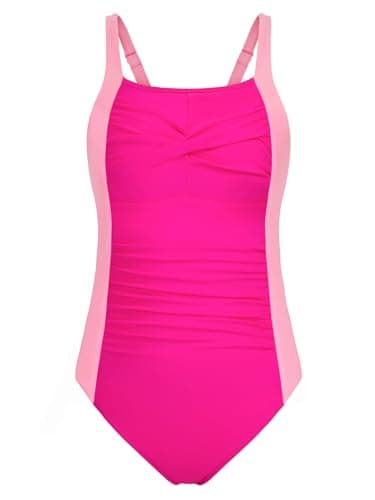 DAXIANG Girls One Piece Swimsuit Modest Ruched Color Block Bathing Suit Tween Adjustable Straps Padded Swimwear Size 12 Hot Pink - Thumbnail 5