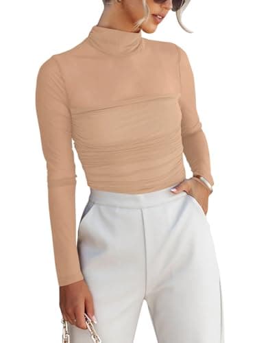REORIA Women’s Fall Sexy Mock Turtle Neck Long Sleeve Sheer Mesh Slim Fit Ruched Trendy Going Out Leotard Bodysuits Tops Nude Large - Image 1
