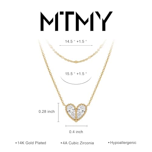 MTMY Dainty Layered Heart Necklace for Women, 14K Gold Plated CZ Love Heart Pendant Choker Necklace with Adjustable Chain Jewelry Gift(beaded) - Thumbnail 4