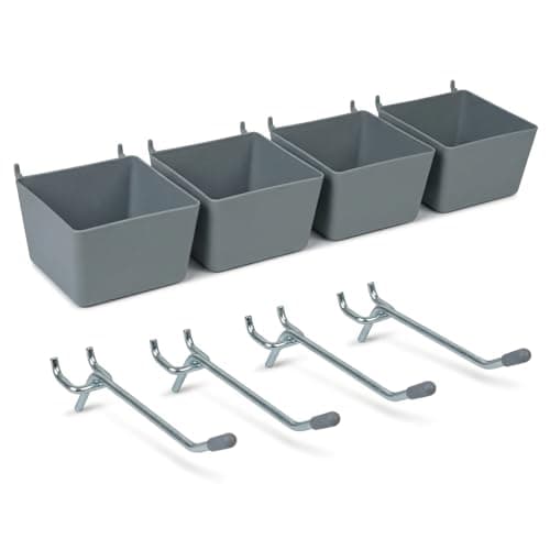 Qokylind Pegboard Bins and Hooks Set, 4 Pack Open Front Storage Bins with 2 Inch Hooks, Small Parts Organizer Add-On for Screws, Nails, Tools, Garage Workshop Wall Storage - Image 1