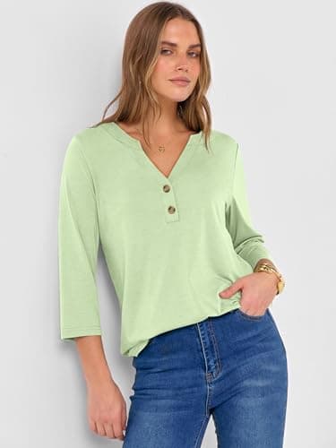 ANRABESS Women 3/4 Length Sleeve Henley Tops V Neck Business Casual Work T Shirts Cute Travel Shirt 2026 Spring Trendy Outfit Light Green Small - Thumbnail 5