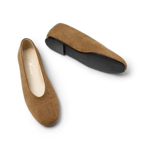 Athlefit Ballet Flat Shoes for Women Closed Round Toe Ballerina Flats Comfortable Slip On Casual Dress Shoes for Office Work Brown Suede Size 11 - Thumbnail 5