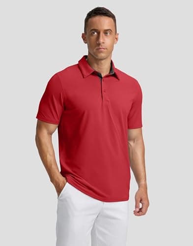Men's Golf Shirts Dry Fit Moisture Wicking Performance Short Sleeve Collared Polo Shirts for Casual Tennis Bussiness (Dark Red, XXL) - Thumbnail 2