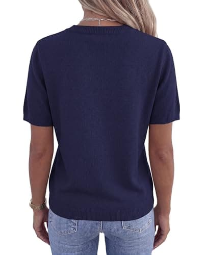 BTFBM Women's Short Sleeve Sweaters 2026 Summer Crew Neck Knit Work Shirts Business Casual Tops Basic Fall Fashion Clothing(Navy Blue, Large) - Thumbnail 3