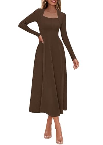 Lazysmile Long Sleeve Fall Dresses for Women Square Neck A Line Flowy Casual Elegant Wedding Guest Party Maxi Dress Brown - Image 1