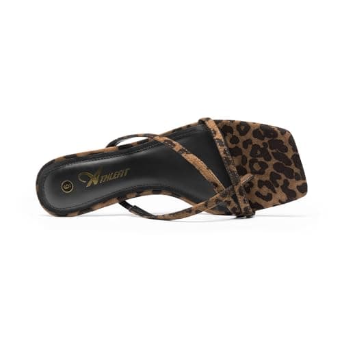 Athlefit Women's Strappy Kitten Heels Square Open Toe Flip Flop Low Heels Summer Fashion Party Dress Shoes Thong Heeled Sandals Leopard Size 6 - Thumbnail 6