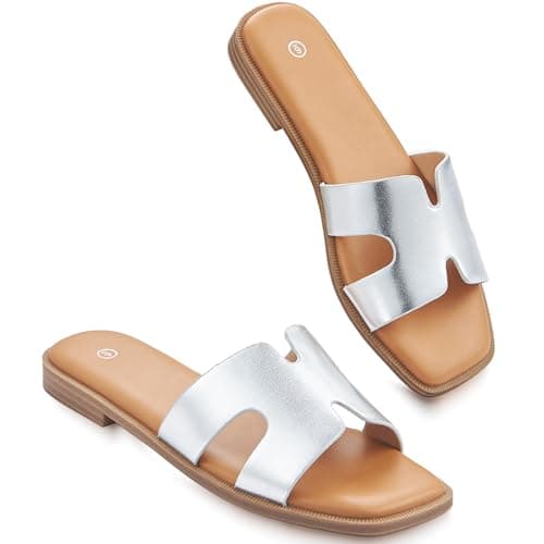 KENMITDY Sandals for Womens Slip On Fashion Flat Sandals Soft Memory Foam Slides Comfortable Leather Open Toe Slide Summer Dressy Size 8 - Image 1