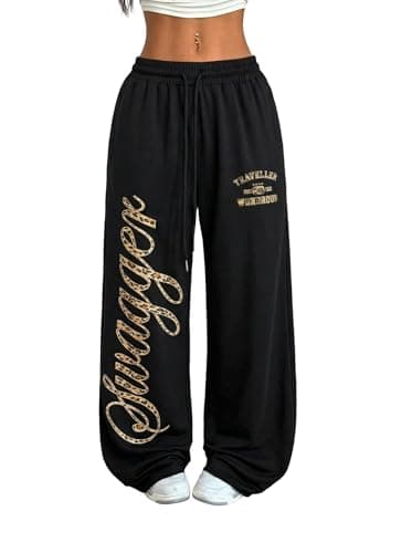 ZAFUL Womens Wide Leg Sweatpants Y2K Gothic Graffiti High Waisted Lounge Pants Athletic Joggers Pants with Pockets 7-Black&Leopard Black XL - Image 1