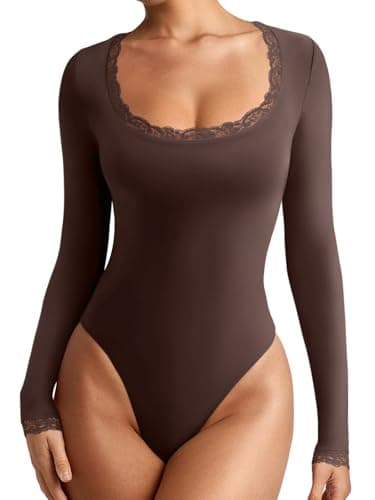 REORIA Womens Sexy Lace Scoop Neck Long Sleeve Body Suit Fall Outfits Double Lined Layering Slim Soft Bodysuit Tops Shaved Chocolate Medium - Image 1