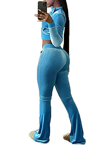 NSHYPOI Ladies Lapel Neck Jogging Suits Sets Plain Running Velour Outfit High Waisted Wide Leg Sweatpant Athletic Clothing Blue S - Thumbnail 5