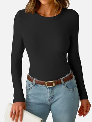 GKBK Womens Long Sleeve Ribbed Tops Slim Fitted Tight Basic T-Shirts Crewneck Layering Lightweight Fall Sweaters 2026 Fashion Outfits Black - Thumbnail 3