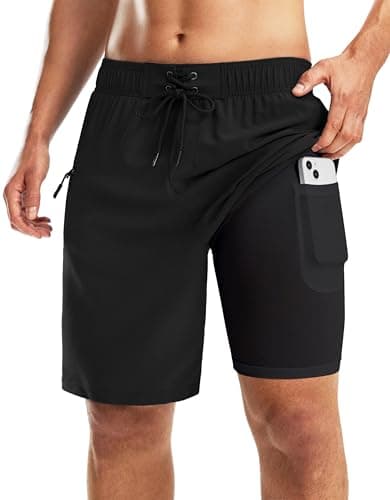Pinkbomb Men's Swim Trunks with Compression Liner 9 Inch Quick Dry Swimsuit Swimming Board Shorts for Men with Pockets (Black, L) - Image 1