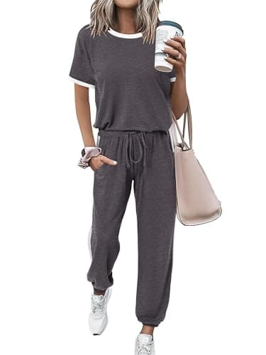 MASCOMODA Two Piece Sets for Women Summer 2026 Loungewear Jogger Set Spring Short Sleeve Tops Long Pants Casual Tracksuit Set(Dark Grey,Large) - Image 1
