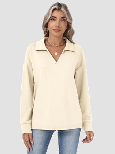 Lallabai Womens Sweatshirts Airlayer Tunic Tops Long Sleeve Hoodies V Neck Loose Pullover Sweaters 2026 Fall Fashion Outfits Apricot - Thumbnail 2